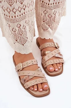 Zdobione Klapki Damskie Na Płaskim Obcasie Z Paskami I Klamrą Beżowe Manitte