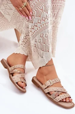 Zdobione Klapki Damskie Na Płaskim Obcasie Z Paskami I Klamrą Beżowe Manitte