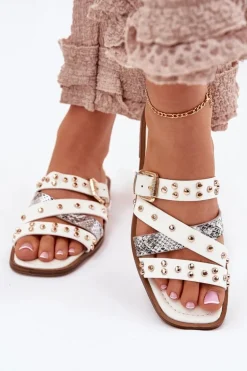 Zdobione Klapki Damskie Na Płaskim Obcasie Z Paskami I Klamrą Białe Manitte