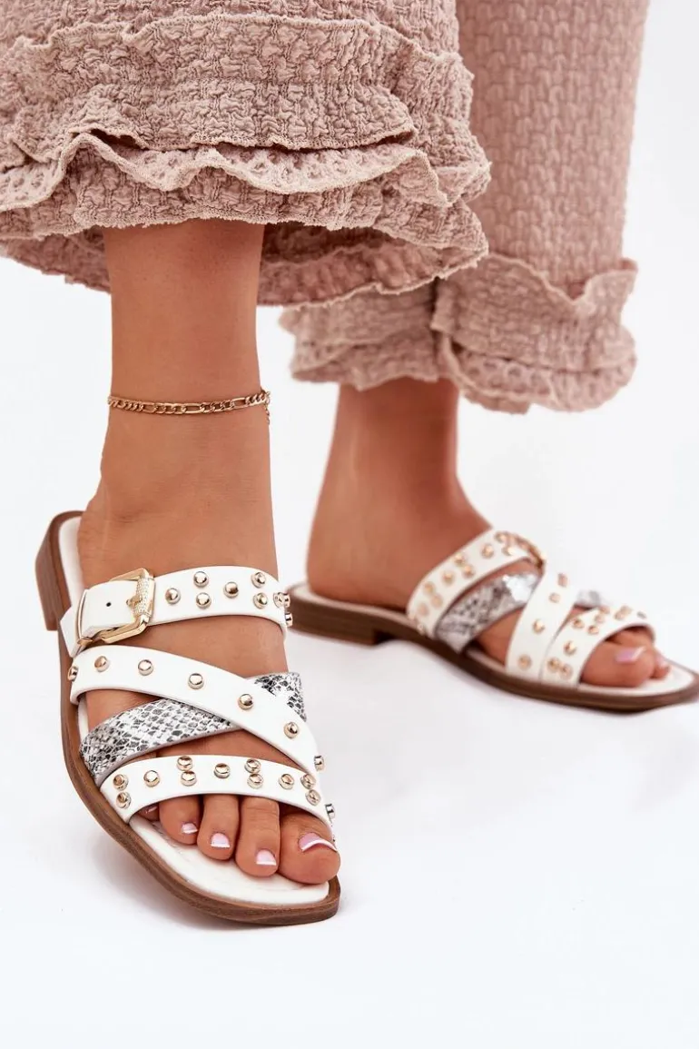 Zdobione Klapki Damskie Na Płaskim Obcasie Z Paskami I Klamrą Białe Manitte