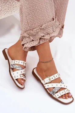 Zdobione Klapki Damskie Na Płaskim Obcasie Z Paskami I Klamrą Białe Manitte