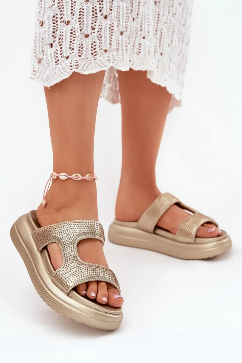 Zdobione Klapki Damskie Na Platformie Złote Jestella