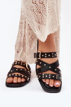 Zdobione Klapki Damskie Na Płaskim Obcasie Z Paskami I Klamrą Czarne Manitte