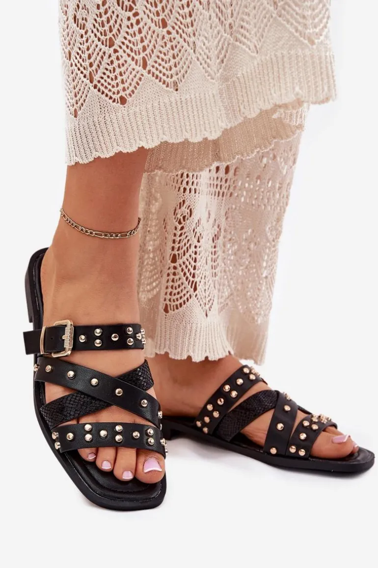 Zdobione Klapki Damskie Na Płaskim Obcasie Z Paskami I Klamrą Czarne Manitte