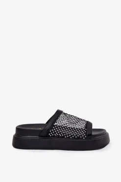 Zdobione Klapki Damskie Na Platformie Z Siateczką S.Barski MY51-016 Czarne