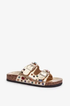 Zdobione Klapki Damskie Z Klamrami S.Barski MY121 Złote