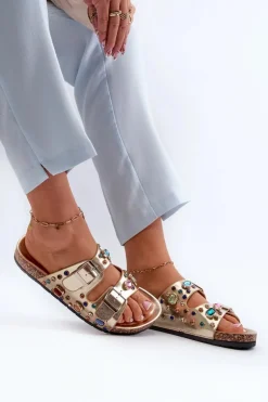 Zdobione Klapki Damskie Z Klamrami S.Barski MY121 Złote