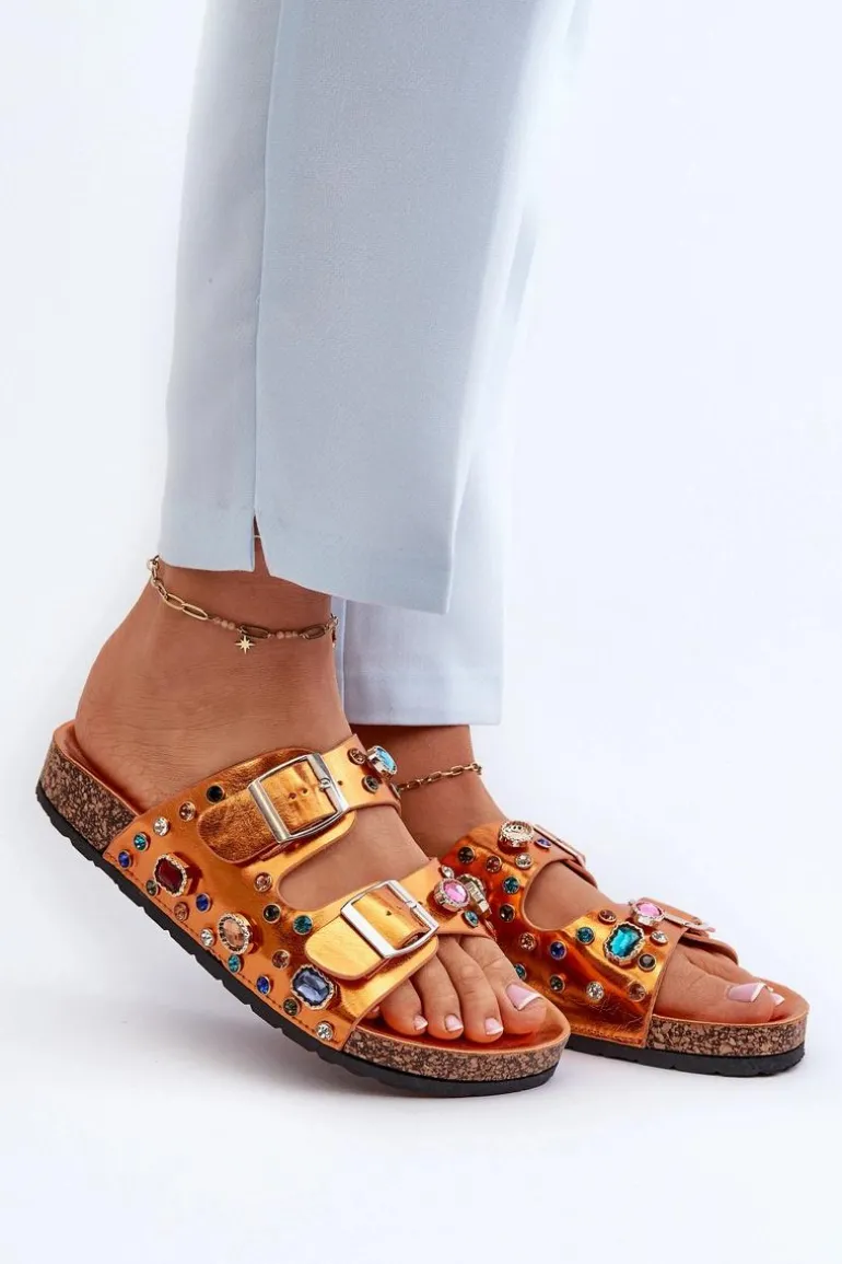 Zdobione Klapki Damskie Z Klamrami S.Barski MY121 Pomarańczowe