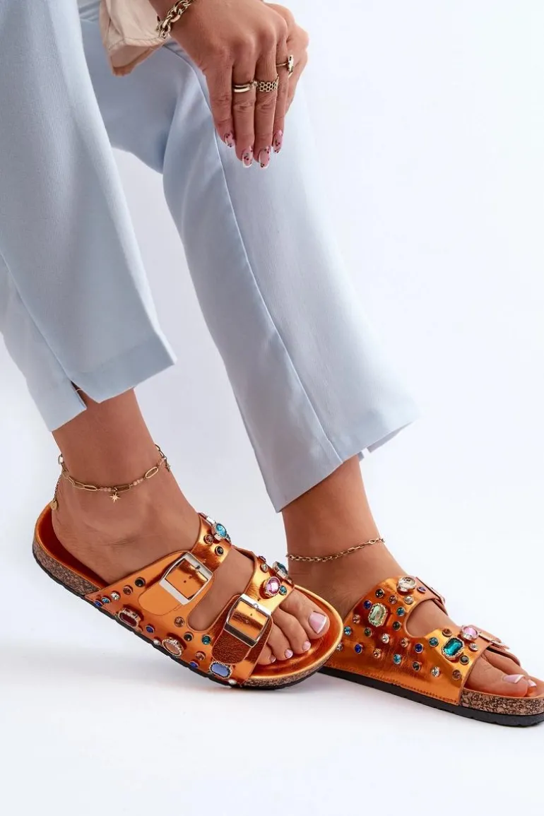 Zdobione Klapki Damskie Z Klamrami S.Barski MY121 Pomarańczowe