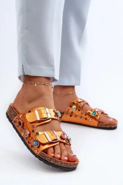 Zdobione Klapki Damskie Z Klamrami S.Barski MY121 Pomarańczowe