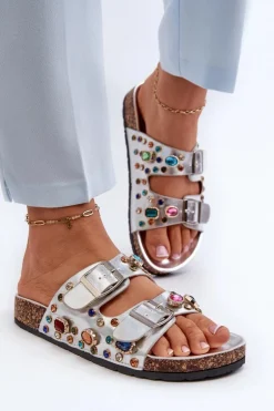 Zdobione Klapki Damskie Z Klamrami S.Barski MY121 Srebrne