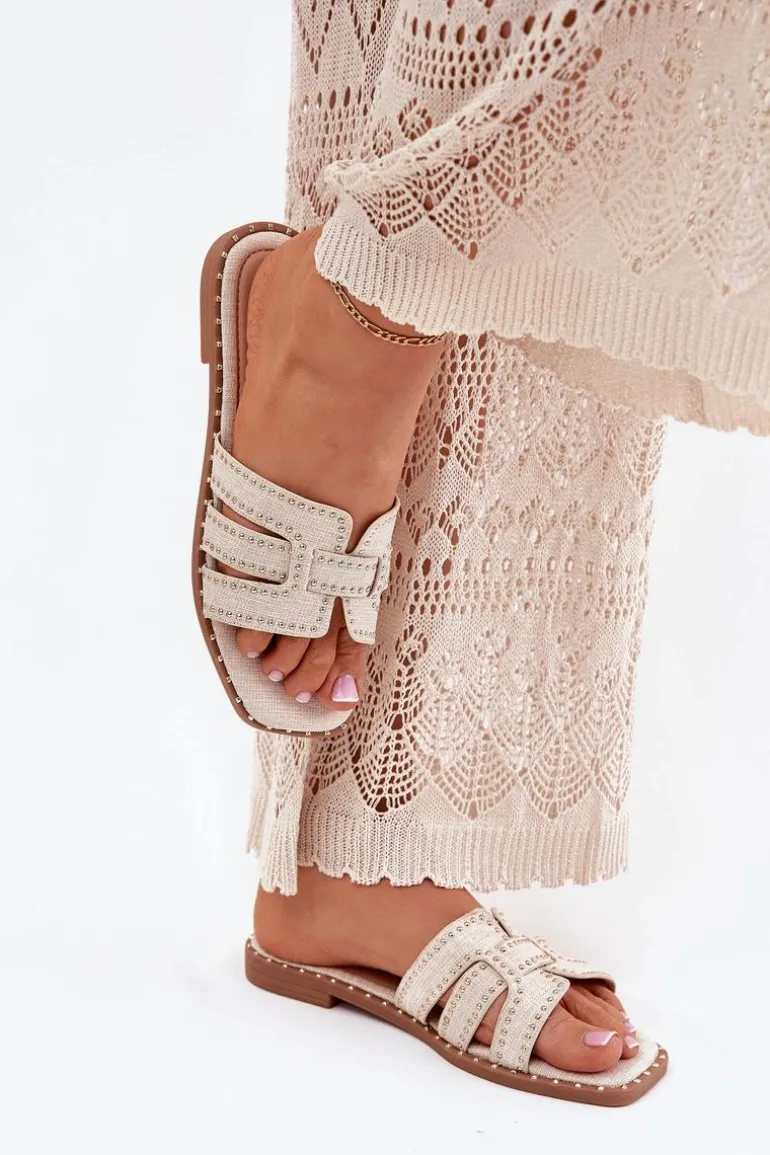 Zdobione Klapki Na Płaskim Obcasie Beżowe Anniles