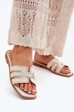 Zdobione Klapki Na Płaskim Obcasie Beżowe Anniles