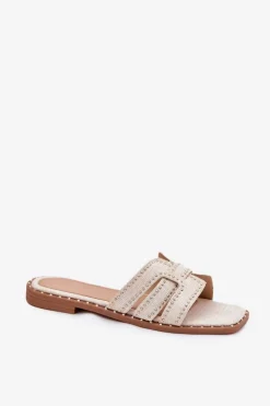 Zdobione Klapki Na Płaskim Obcasie Beżowe Anniles