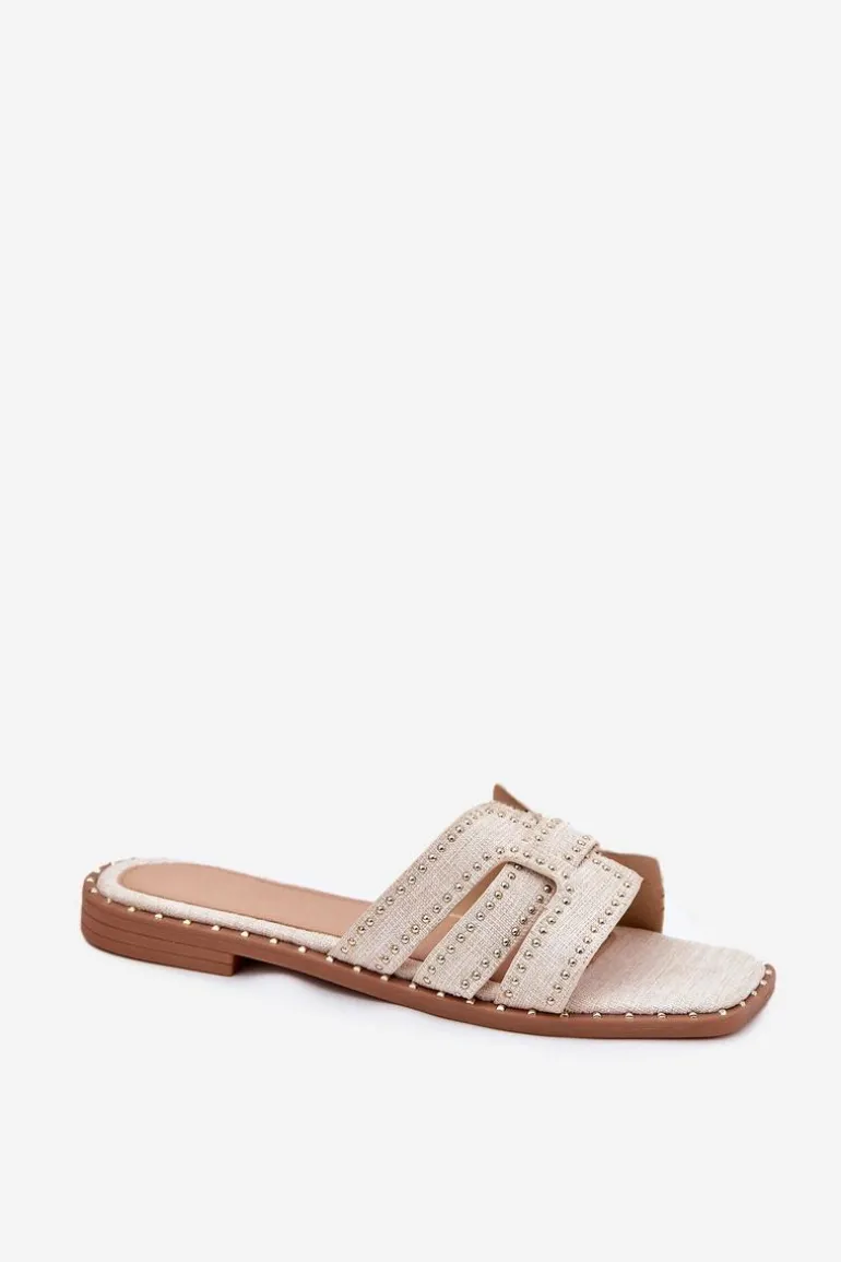 Zdobione Klapki Na Płaskim Obcasie Beżowe Anniles
