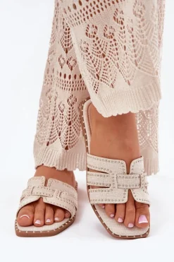 Zdobione Klapki Na Płaskim Obcasie Beżowe Anniles