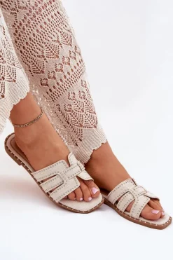 Zdobione Klapki Na Płaskim Obcasie Beżowe Anniles