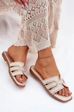 Zdobione Klapki Na Płaskim Obcasie Beżowe Anniles