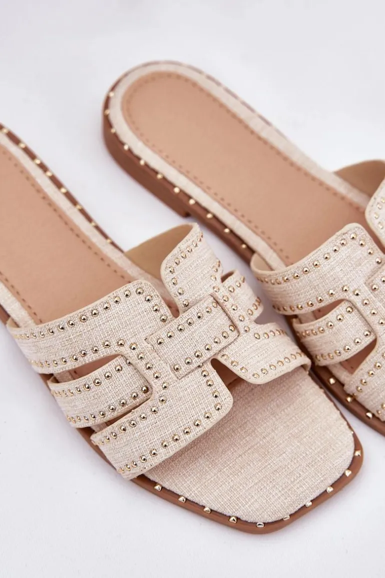 Zdobione Klapki Na Płaskim Obcasie Beżowe Anniles