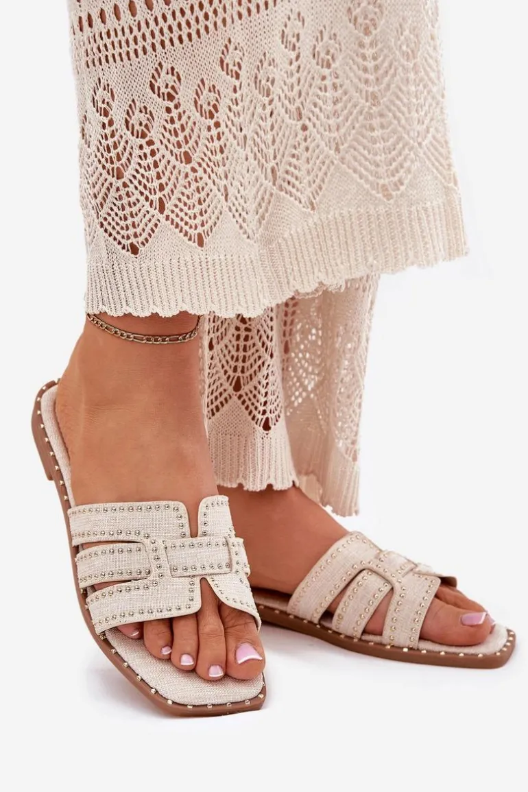 Zdobione Klapki Na Płaskim Obcasie Beżowe Anniles