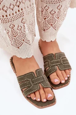 Zdobione Klapki Na Płaskim Obcasie Zielone Anniles