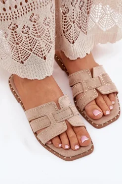 Zdobione Klapki Na Płaskim Obcasie Khaki Anniles