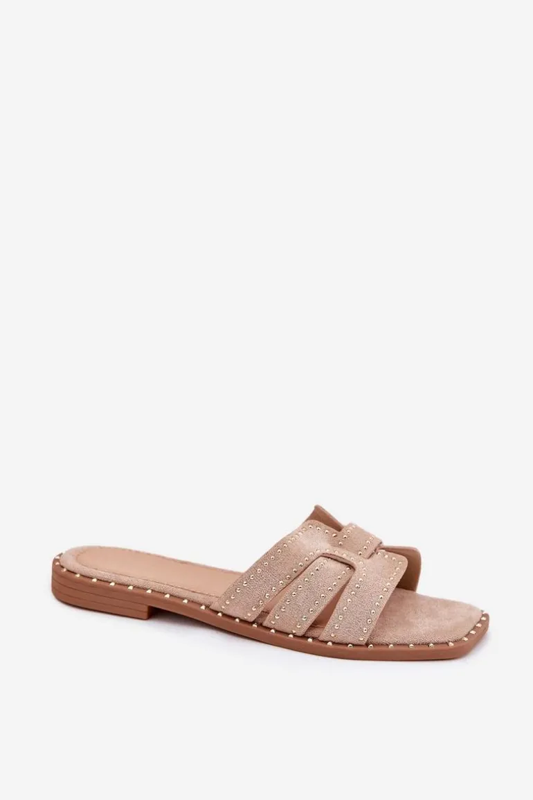 Zdobione Klapki Na Płaskim Obcasie Khaki Anniles