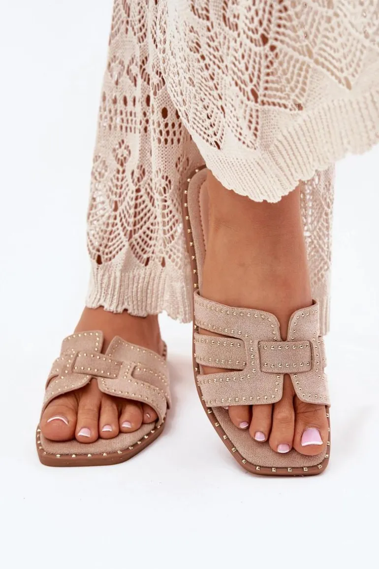 Zdobione Klapki Na Płaskim Obcasie Khaki Anniles