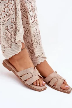 Zdobione Klapki Na Płaskim Obcasie Khaki Anniles