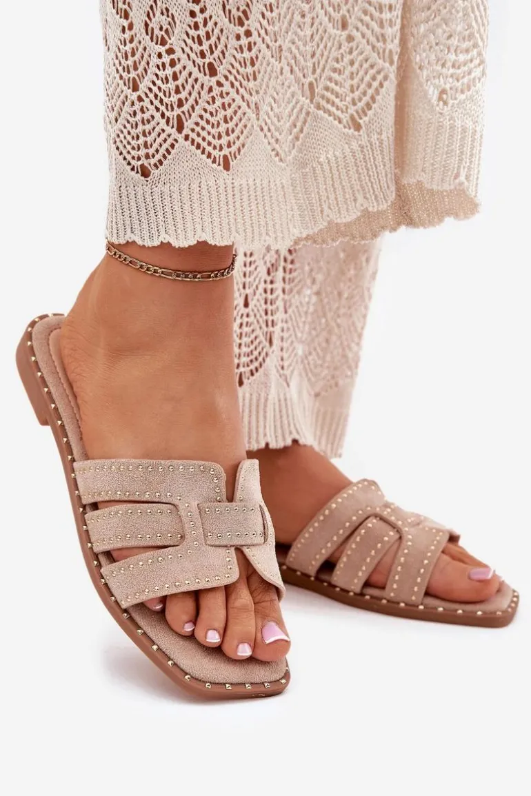 Zdobione Klapki Na Płaskim Obcasie Khaki Anniles