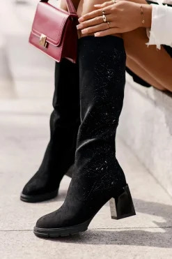 Zdobione Kozaki Damskie Przed Kolano Ocieplane Na Słupku MR880-158 Czarne