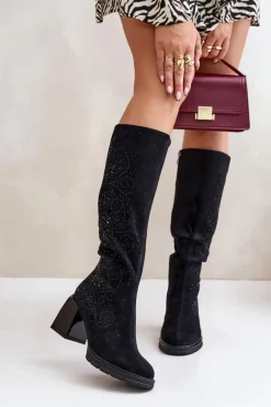 Zdobione Kozaki Damskie Przed Kolano Ocieplane Na Słupku MR880-158 Czarne