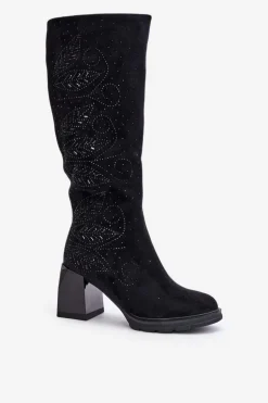 Zdobione Kozaki Damskie Przed Kolano Ocieplane Na Słupku MR880-158 Czarne