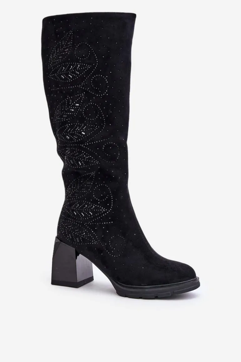 Zdobione Kozaki Damskie Przed Kolano Ocieplane Na Słupku MR880-158 Czarne