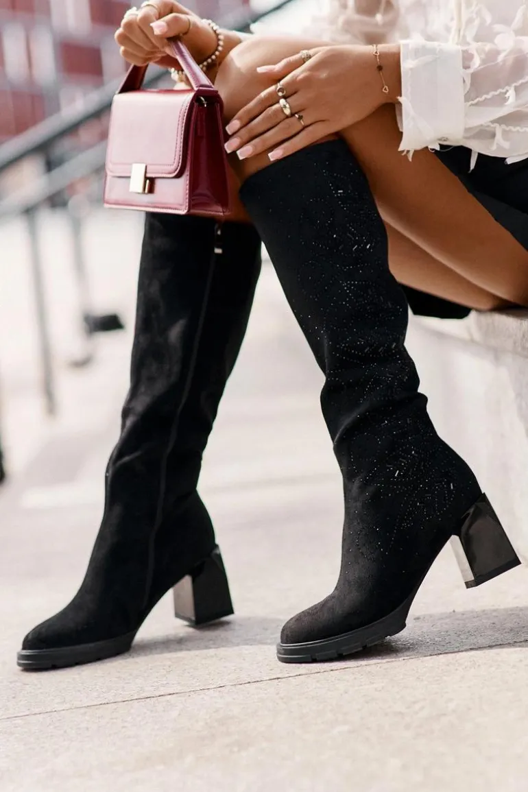 Zdobione Kozaki Damskie Przed Kolano Ocieplane Na Słupku MR880-158 Czarne