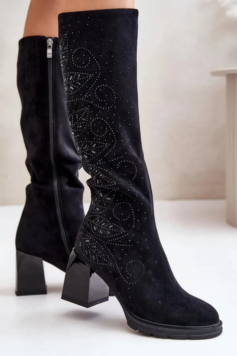 Zdobione Kozaki Damskie Przed Kolano Ocieplane Na Słupku MR880-158 Czarne