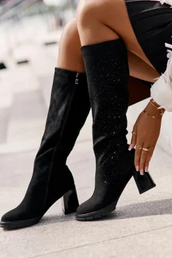 Zdobione Kozaki Damskie Przed Kolano Ocieplane Na Słupku MR880-158 Czarne