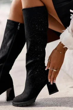 Zdobione Kozaki Damskie Przed Kolano Ocieplane Na Słupku MR880-158 Czarne