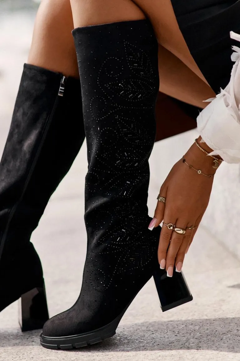 Zdobione Kozaki Damskie Przed Kolano Ocieplane Na Słupku MR880-158 Czarne