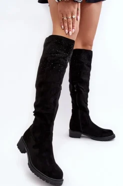Zdobione Kozaki Damskie Za Kolano Na Płaskim Obcasie Czarne Cintya