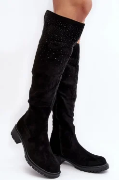 Zdobione Kozaki Damskie Za Kolano Na Płaskim Obcasie Czarne Cintya