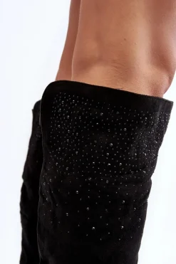 Zdobione Kozaki Damskie Za Kolano Na Płaskim Obcasie Czarne Cintya