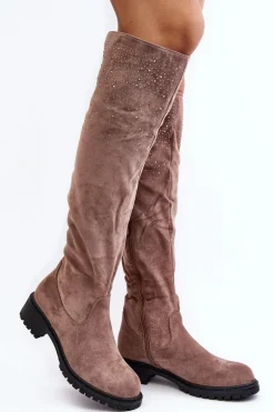 Zdobione Kozaki Damskie Za Kolano Na Płaskim Obcasie Beżowe Cintya