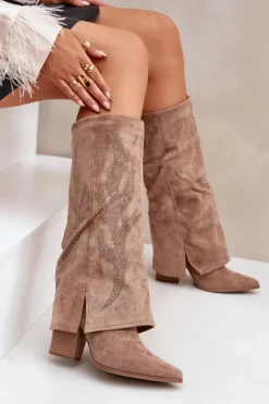 Zdobione Kozaki Z Wywiniętą Cholewką Na Słupku Ciemnobeżowe Ivilta