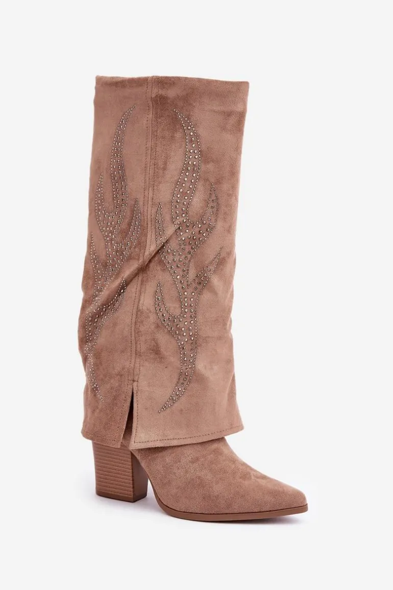 Zdobione Kozaki Z Wywiniętą Cholewką Na Słupku Ciemnobeżowe Ivilta