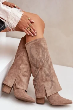 Zdobione Kozaki Z Wywiniętą Cholewką Na Słupku Ciemnobeżowe Ivilta