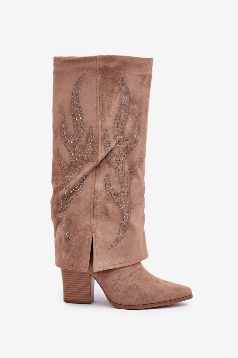 Zdobione Kozaki Z Wywiniętą Cholewką Na Słupku Ciemnobeżowe Ivilta