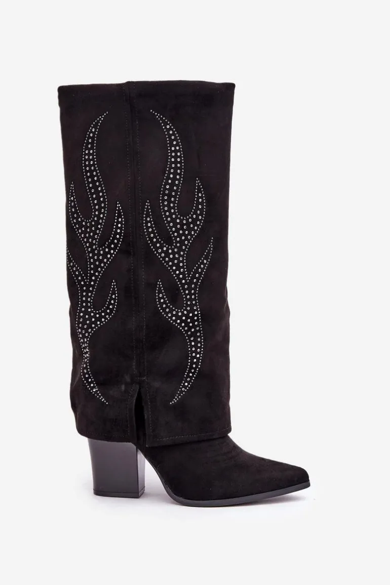 Zdobione Kozaki Z Wywiniętą Cholewką Na Słupku Czarne Ivilta