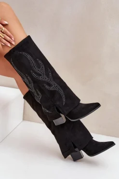 Zdobione Kozaki Z Wywiniętą Cholewką Na Słupku Czarne Ivilta