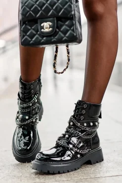 Zdobione Lakierowane Damskie Botki Workery Czarne Sibenna